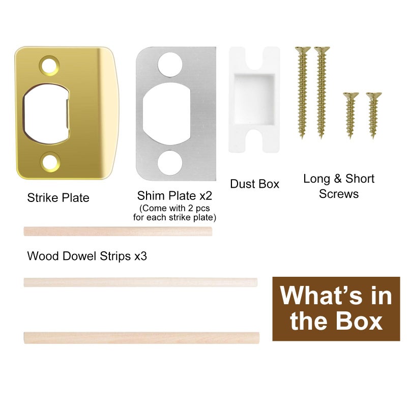MOSECYOU Standard Strike Plates with Repair Kits, Door Latch Restorer Striker with Sub-Plates and Wood Dowels, Fix Aged Strike Opening (Gold, 1 Pack) - Image 4